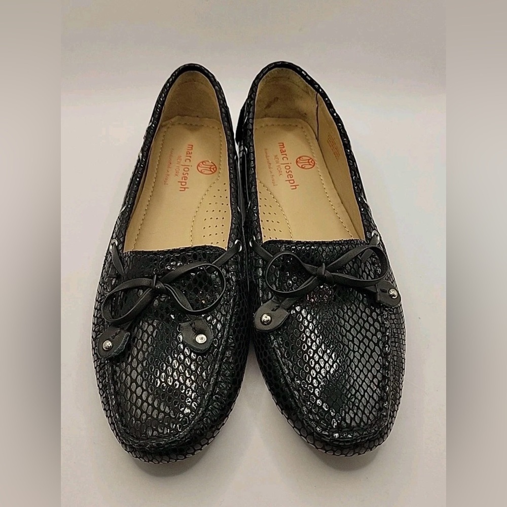 Marc Joseph New York Cypress Hill Embossed Snake Black Loafers with Bow Accent